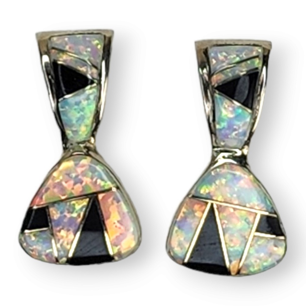 Southwestern Channel Inlay Faux Opal and Black Onyx Post Earrings‎ Signed AL